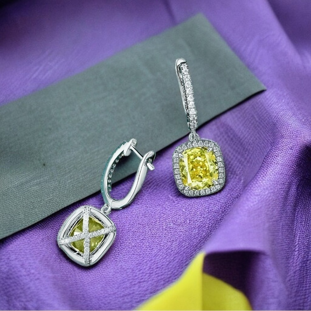 NEW Fancy Canary Yellow High Carbon Diamond Simulant Dangle Drop Earrings - Picture 5 of 17